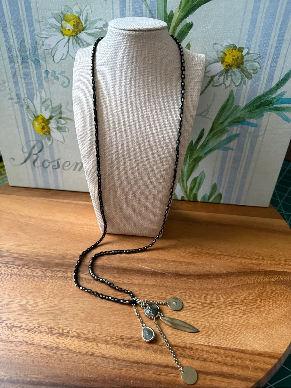 Banana republic long black and gold cord necklace charm pendants